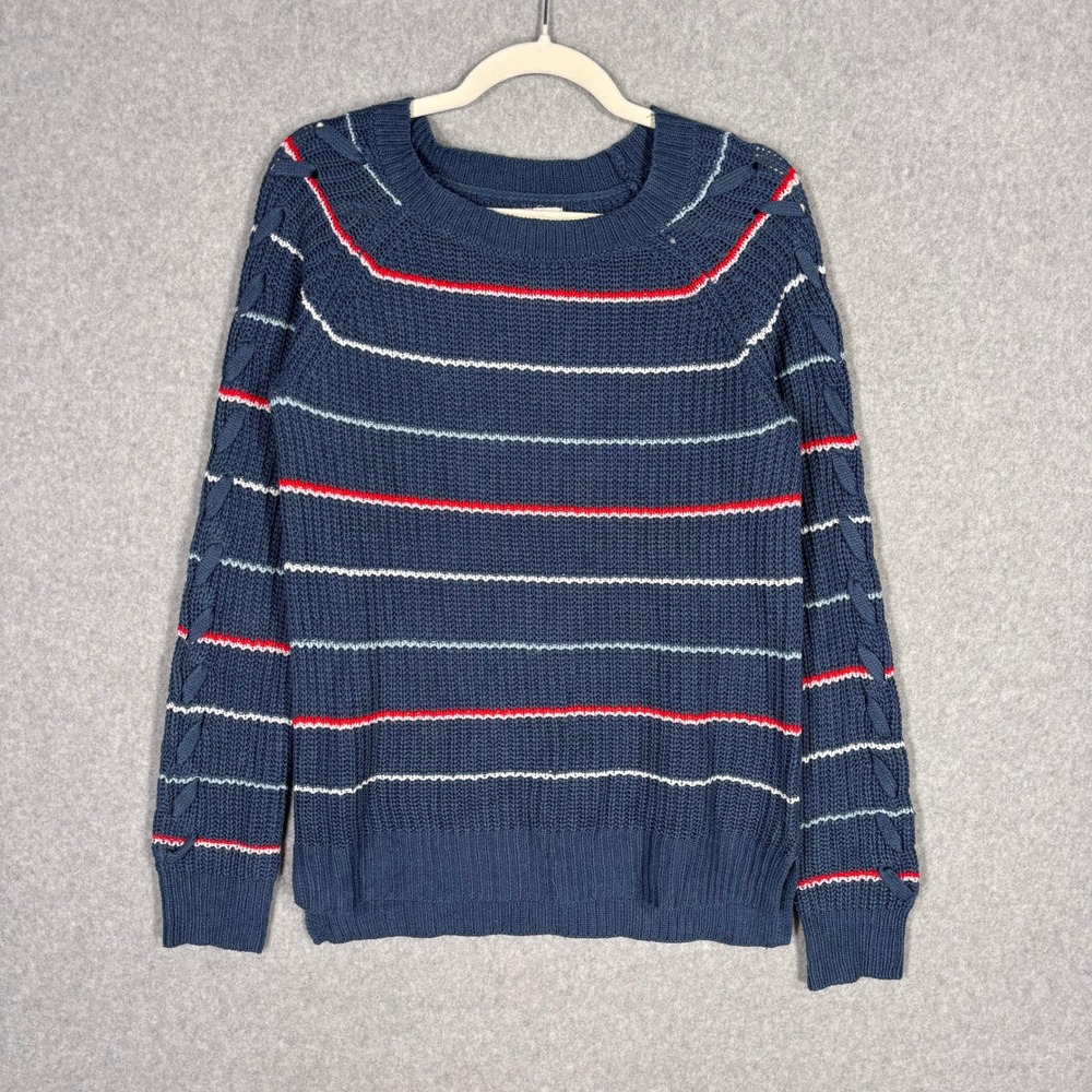 SO Heritage Striped Lace Up Sleeve Sweater Medium Blue Red Retro Grunge‎ Grandpa